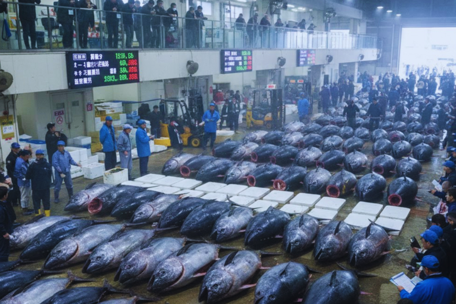 Acara tahunan lelongan tuna terbaik di Tokyo.