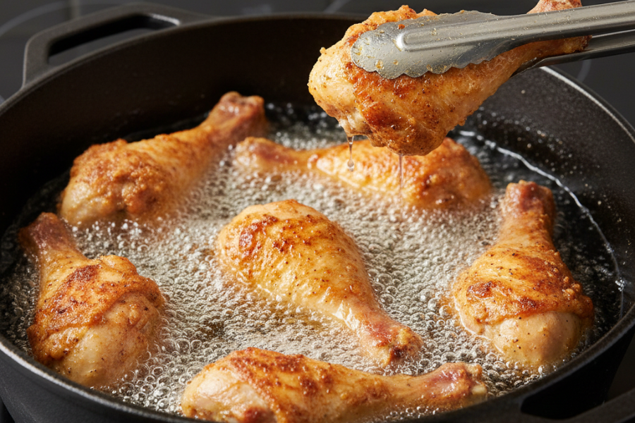 Ayam yang diperap kemudian digoreng hingga keperangan.