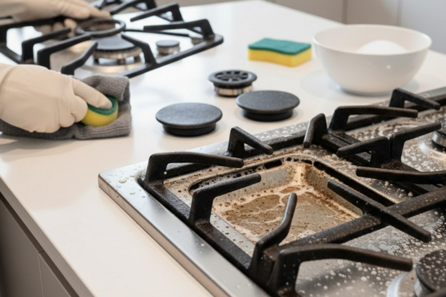 Bersihkan kotoran minyak tertanggal menggunakan span.