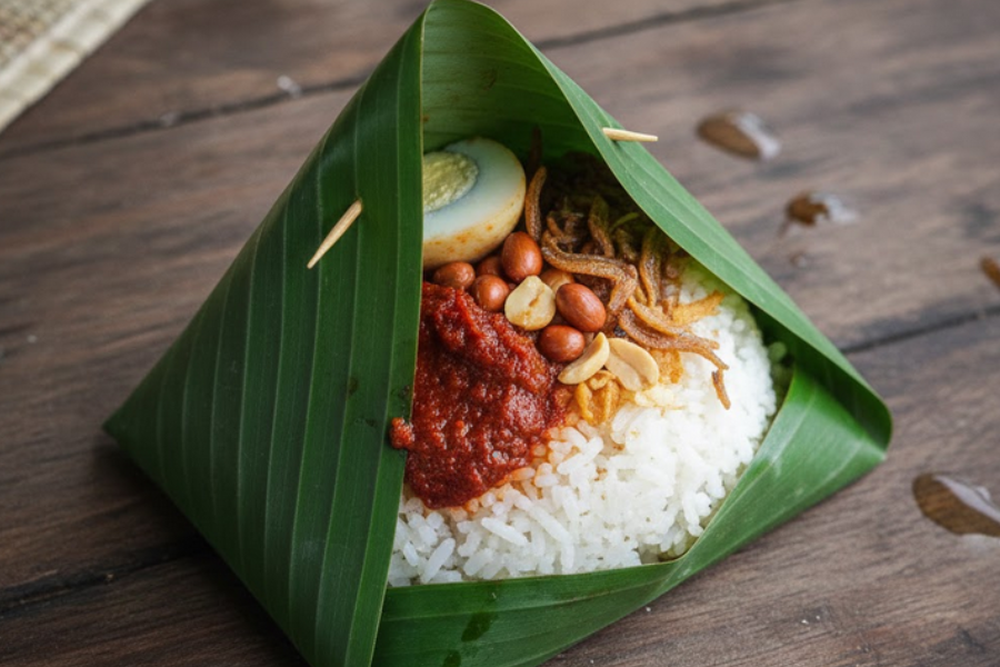 Nasi Lemak dimasak dengan santan lazimnya dimakan dengan ikan bilis goreng dan kacang goreng.