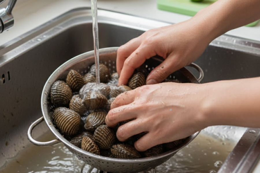 Cuci bersih kerang sebelum memulakan proses rebusan.