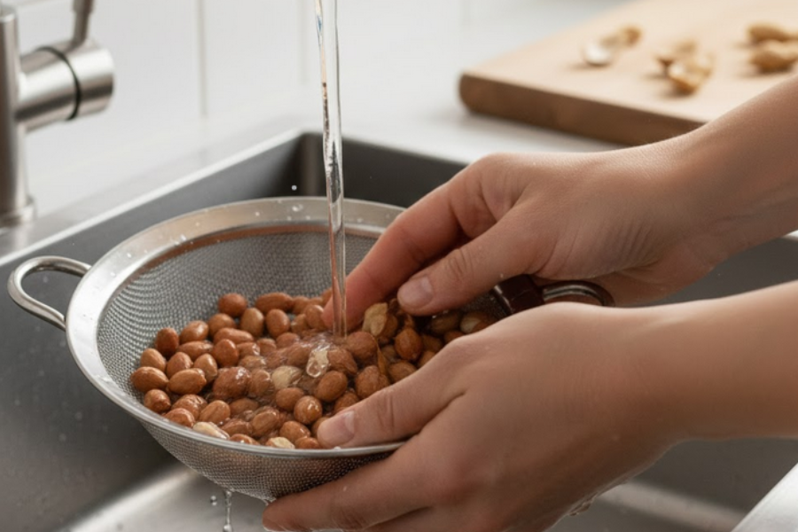 Cuci bersih kacang tanah sebelum digoreng.