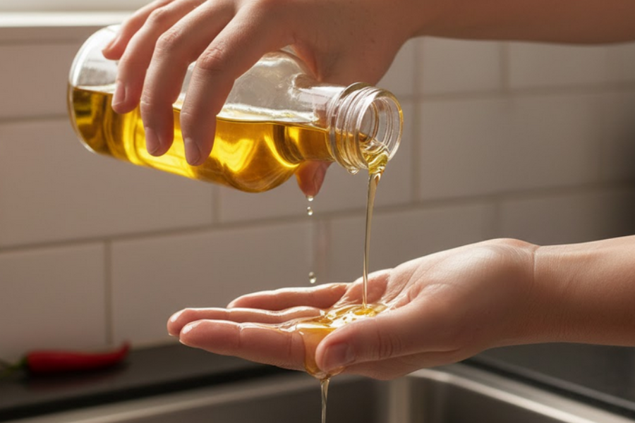 Lumur minyak secukupnya pada tangan terasa pijar.