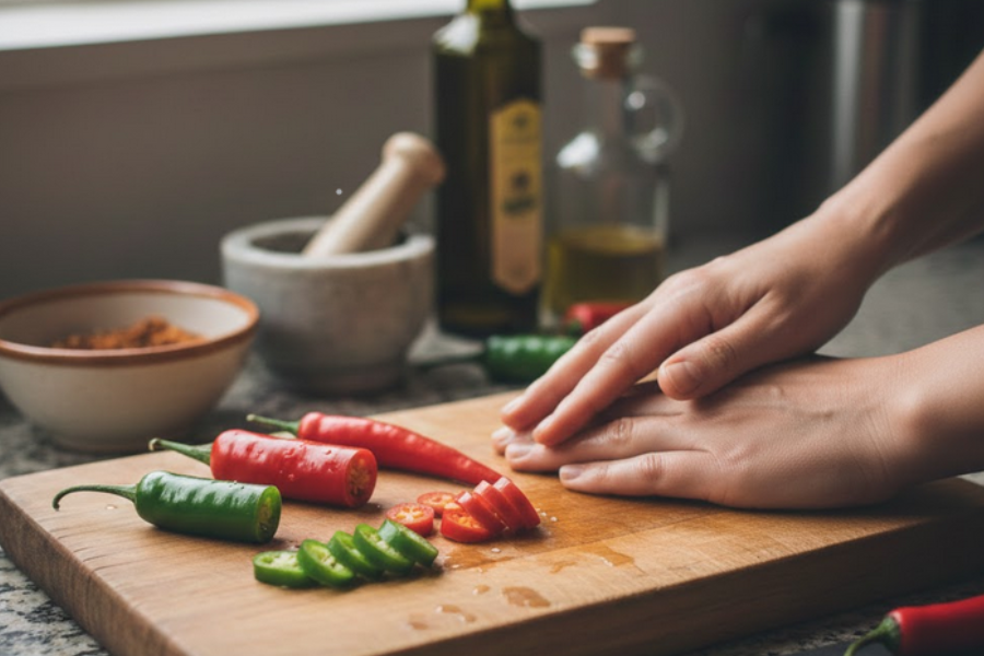 Gosok perlahan dan biarkan seketika agar minyak masak melunturkan kesan lada. 