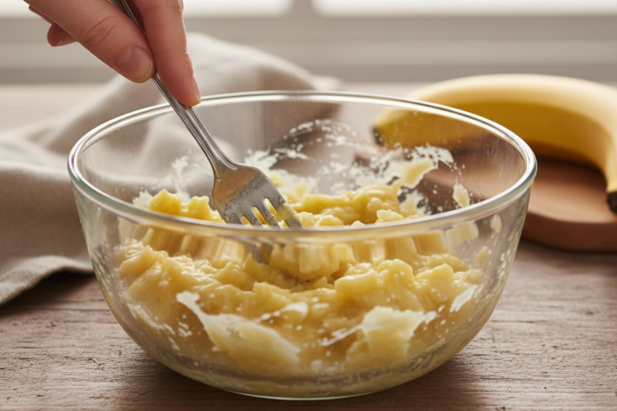 Pisang yang hendak dimasak perlu dilenyekkan dahulu.
