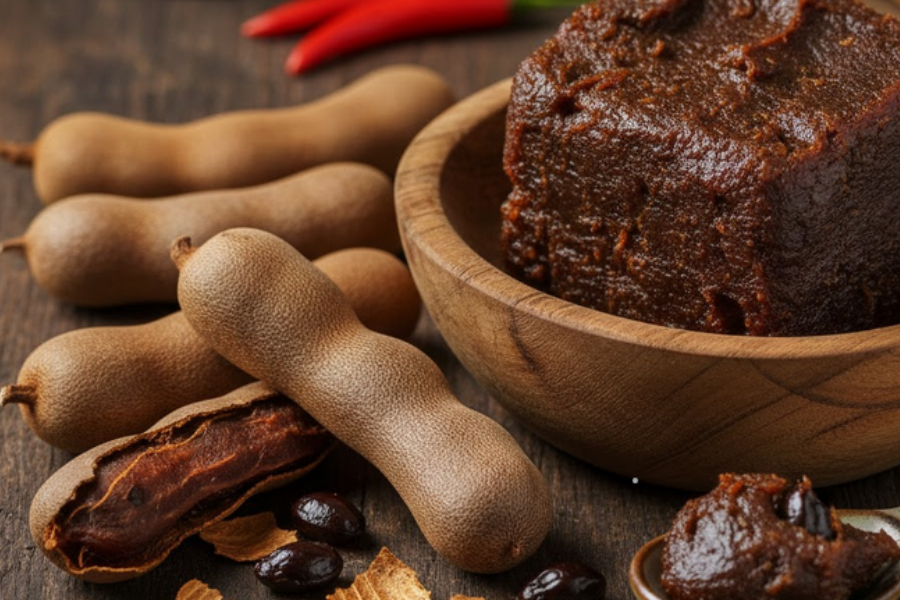 Campurkan asam jawa dengan sedikit air bagi menghasilkan bancuhan pes pelekat.