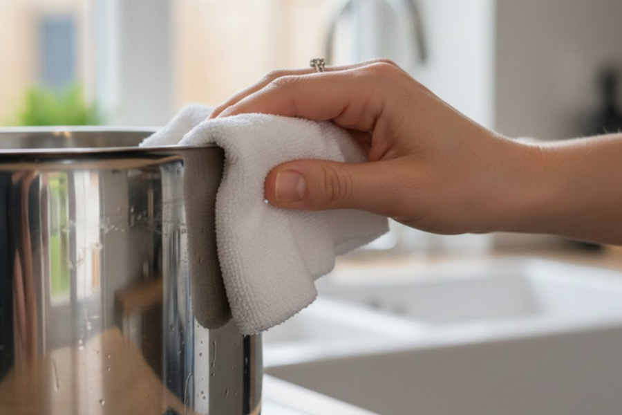 Lap periuk dengan kain bersih sebelum ditampal dengan asam jawa. 