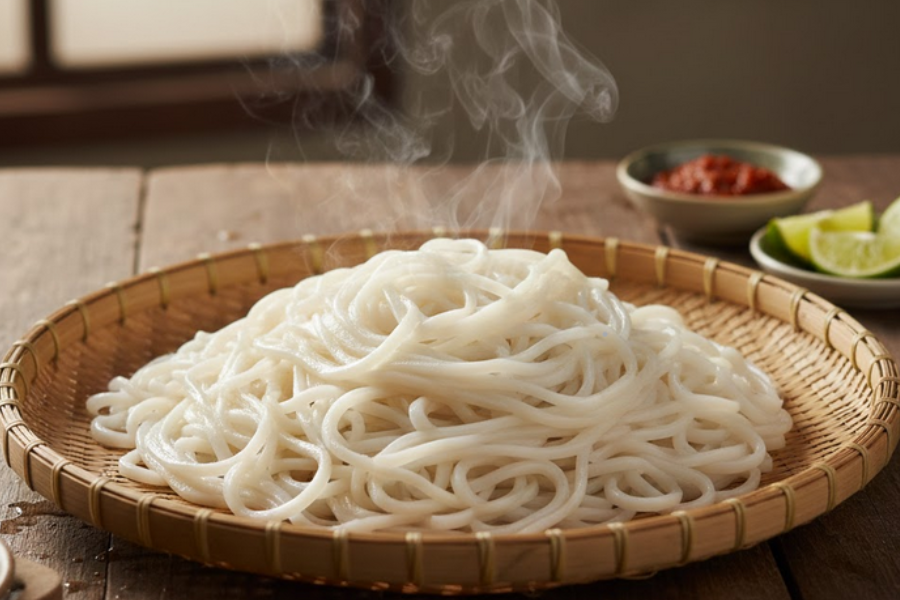 Selepas mi laksa asak, segera angkat dan toskan air rebusan. 