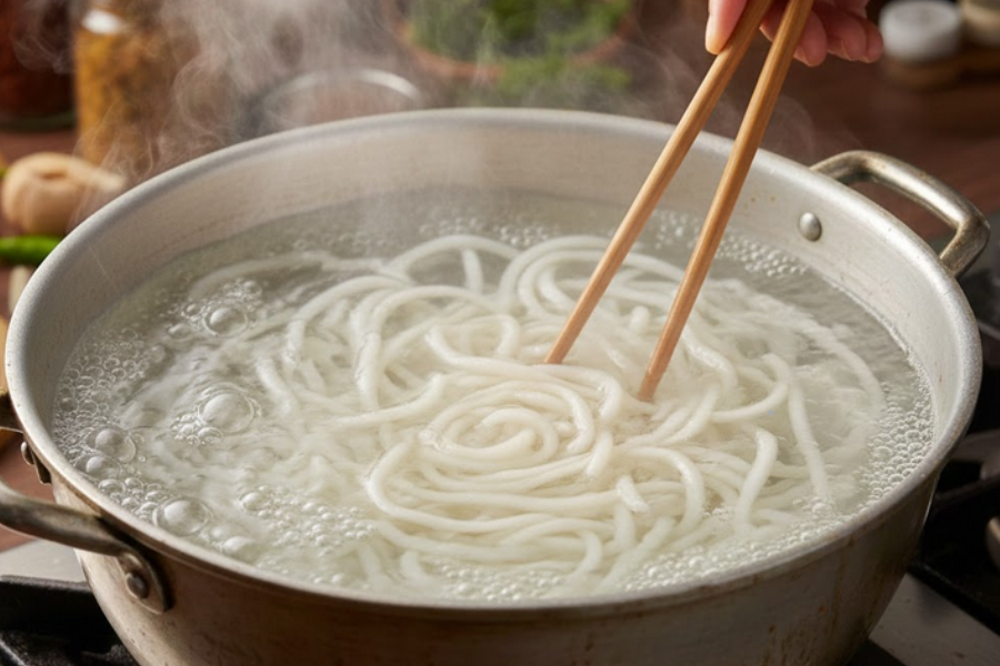 Tempoh merebus juga memainkan peranan penting agar mi laksa tidak lembik.