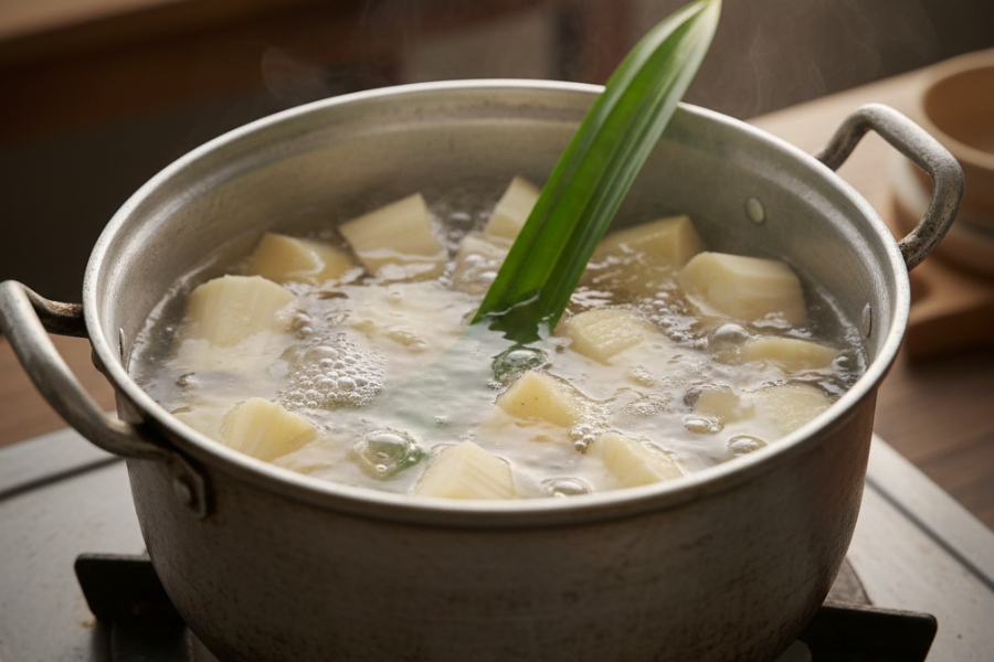 Aroma daun pandan yang digunakan ketika merebus ubi kayu menaikkan lagi selera.