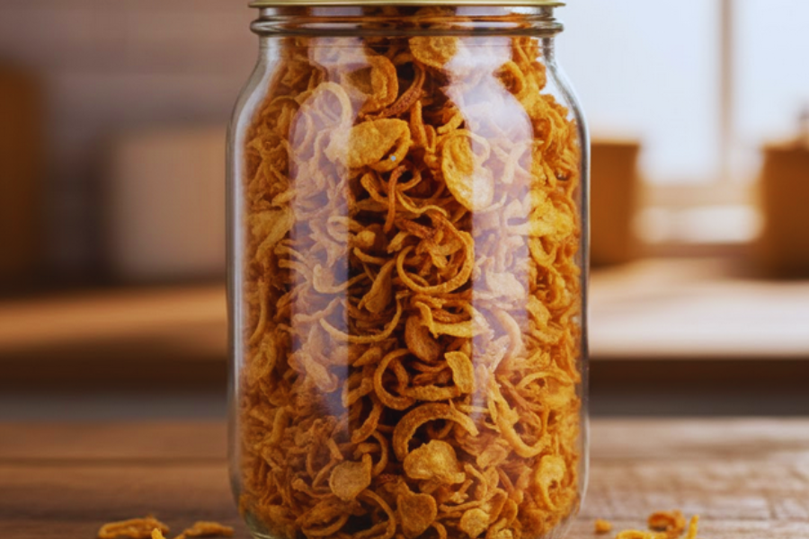 Simpan dalam bekas kedap udara agar bawang goreng kekal segar dan rangup.