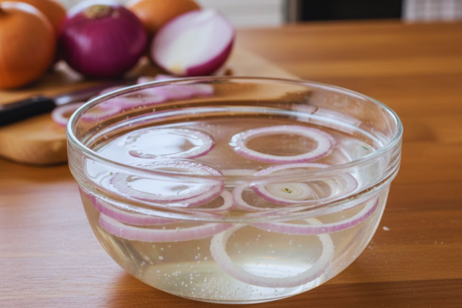 Rendam bawang dihiris halus dalam air suam sebelum memulakan proses menggoreng tanpa minyak.