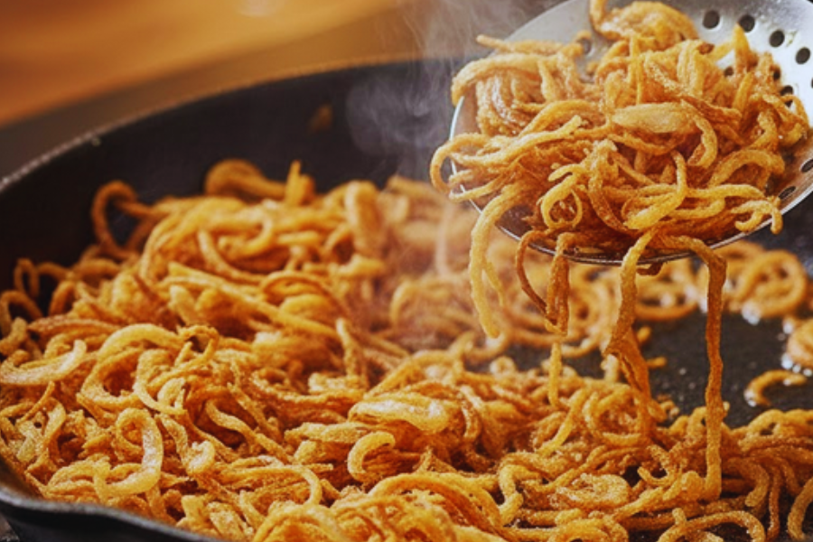 Jika guna kuali, goreng bawang menggunakan api kecil sehingga bertukar warna keperangan.