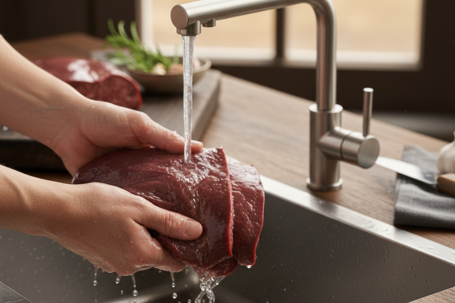 Cuci hati lembu sehingga bersih menggunakan air mengalir.