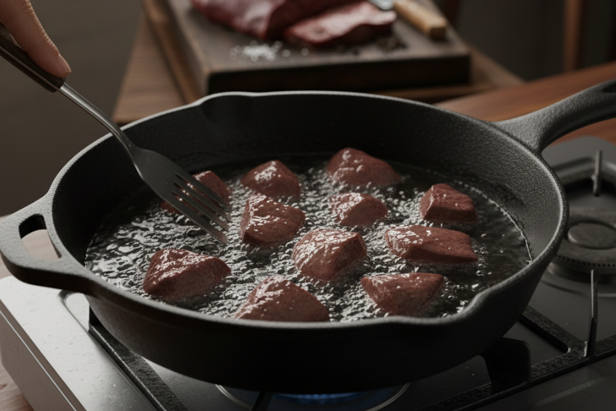 Goreng seketika untuk dapatkan tekstur keras pada permukaan.