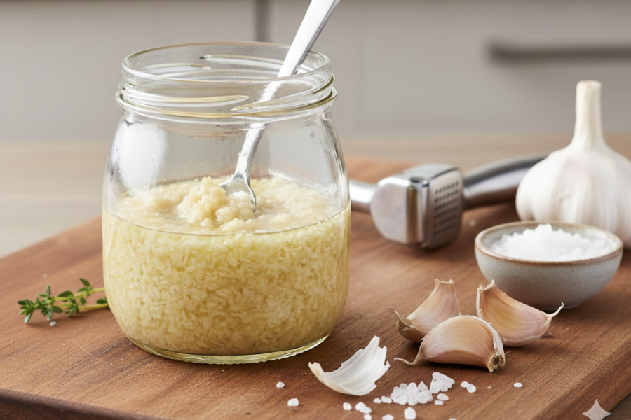 Guna minyak masak dan bukannya air paip ketika mengisar bawang putih.