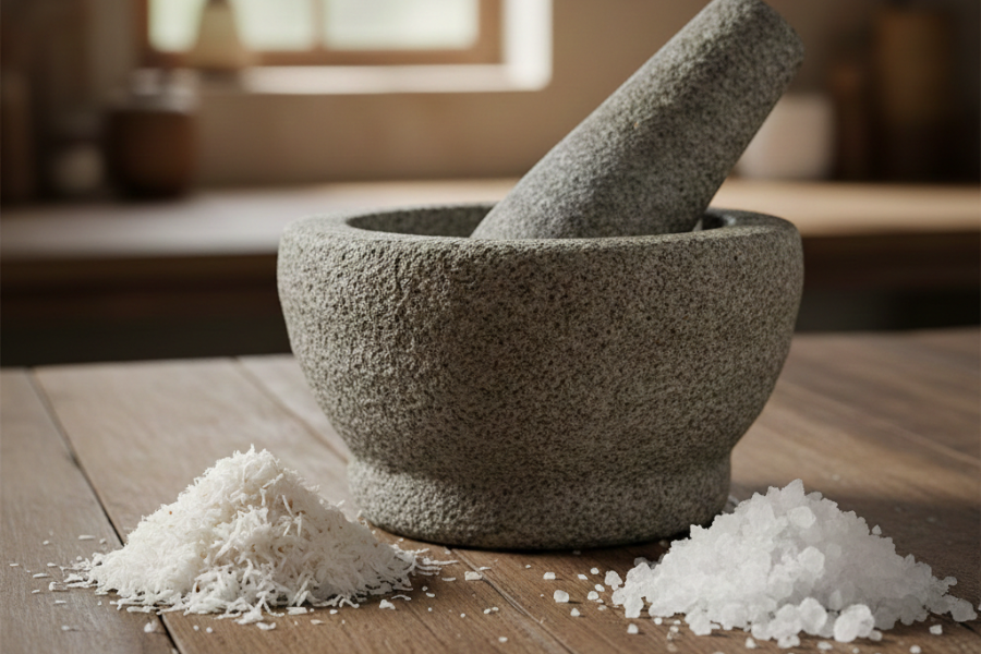 Hampas kelapa dan garam kasar juga boleh digunakan untuk mencuci lesung batu baharu.