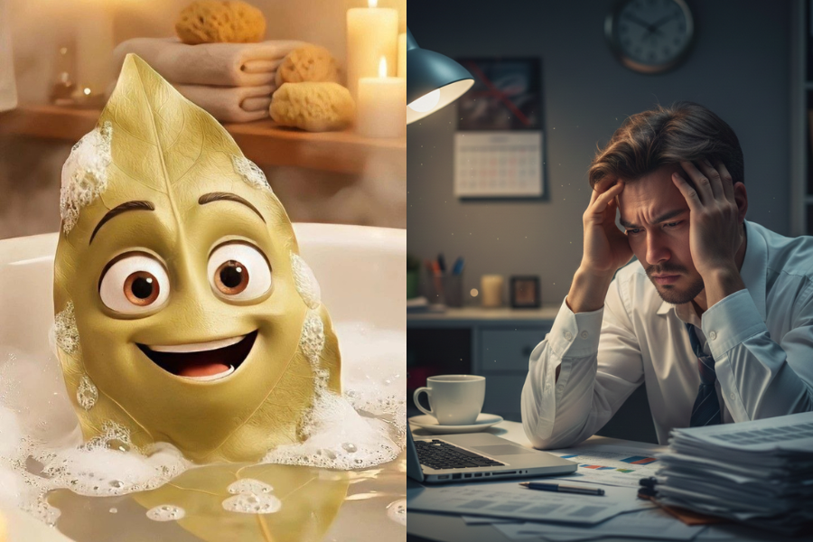 Berendam di dalam air suam bersama beberapa helai dau salam boleh meredakan stres dan kepenatan.