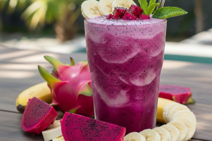 Campuran jus buah naga dan pisang boleh membantu menjadikan kulit lebih glowing dan sihat.