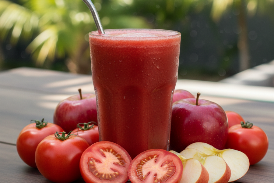 Campuran jus tomato dan epal membantu mencerahkan kulit dengan cara membuang sel kulit mati.
