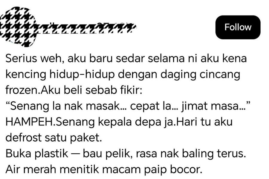 Luahan seorang pengguna Threads apabila berasa ditipu gara-gara produk daging cincang sejuk beku.