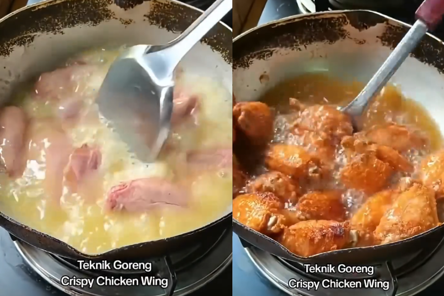 Kepak ayam digoreng tanpa salutan tepung tampak lebih garing.