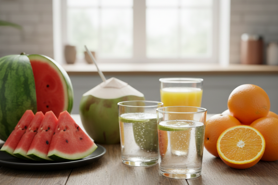 Minum dua hingga tiga gelas air putih secara berperingkat selain buah tinggi kandungan air.