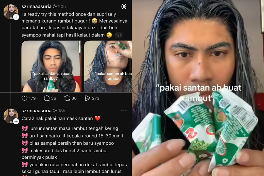Santan kelapa digunakan untuk melebatkan rambut.