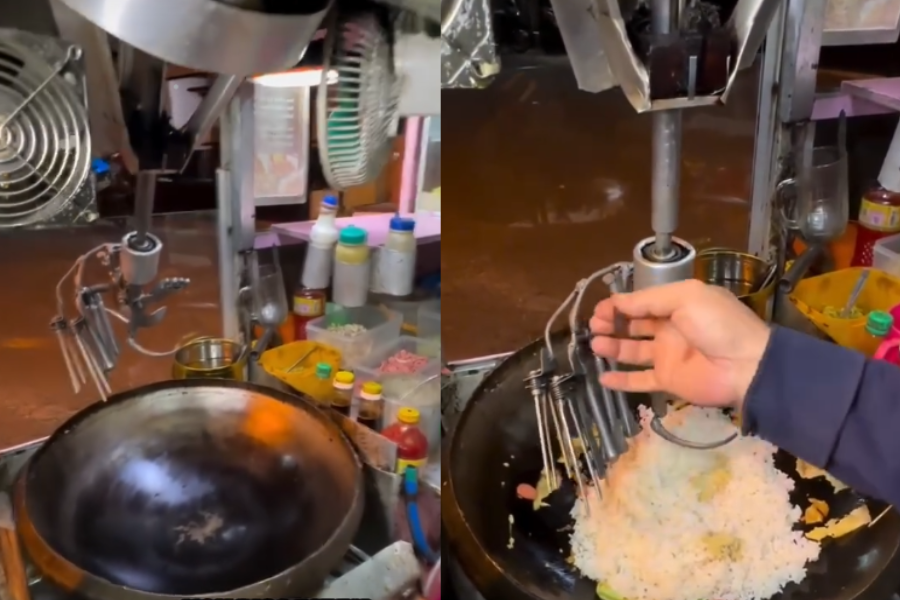 Peniaga ini menggunakan dinamo motosikal dan besi untuk cipta mesin pengacau nasi goreng.