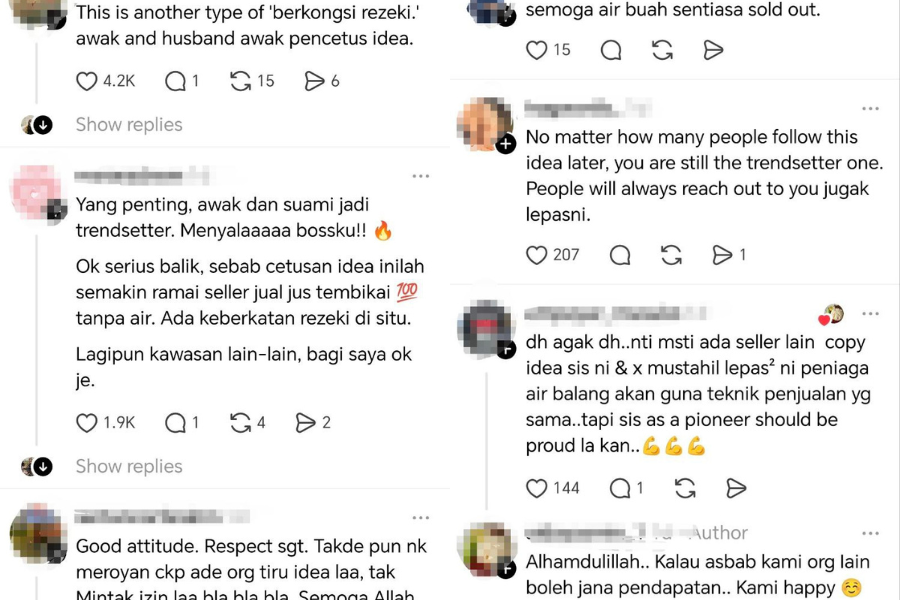 Netize membanjiri komen memuji sikap dan penerimaan peniaga tersebut apabila bersikap berlapang dada apabila ideanya dipinjam oleh peniaga lain.
