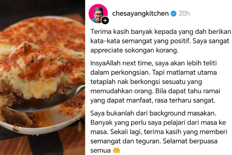 Selepas resipinya iaitu Cottage Pie dikritik kerana dianggap tidak lengkap, Che Sayang tampil mengucapkan terima kasih kepada pengikut yang masih menyokongnya.