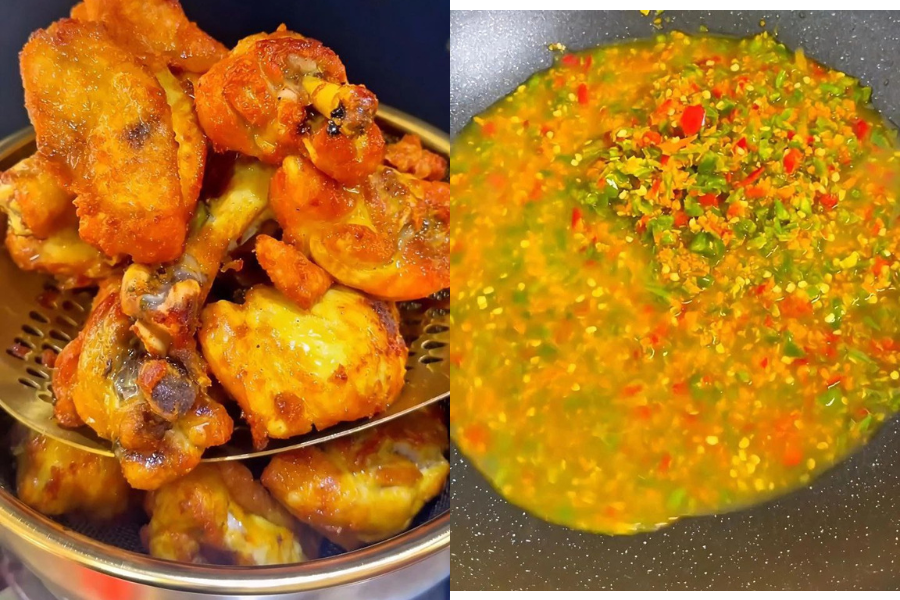 Ayam digoreng terlebih dahulu sebelum dimasukkan ke dalam kuah masak lemak.