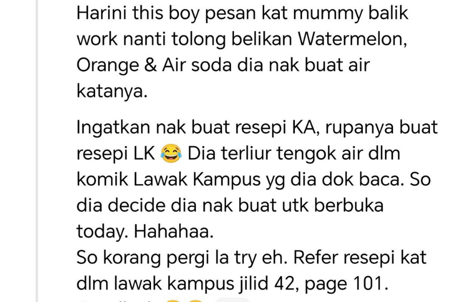 Pada awalnya ibu kanak-kanak tersebut menyangka anaknya mahu membuat resipi air daripada Khairul Aming.