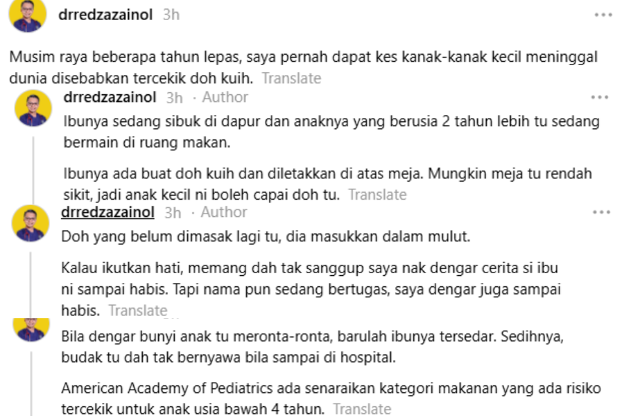 Perkongsian doktor Redza Zainol di laman Threads miliknya,