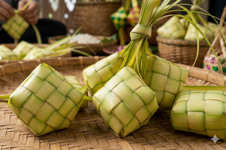 Ketupat bawang memiliki bentuk bulat seperti sebiji bawang.