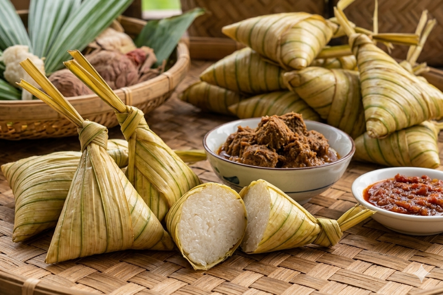 Ketupat palas menggunakan beras pulut yang dibungkus ke dalam anyaman daun palas.