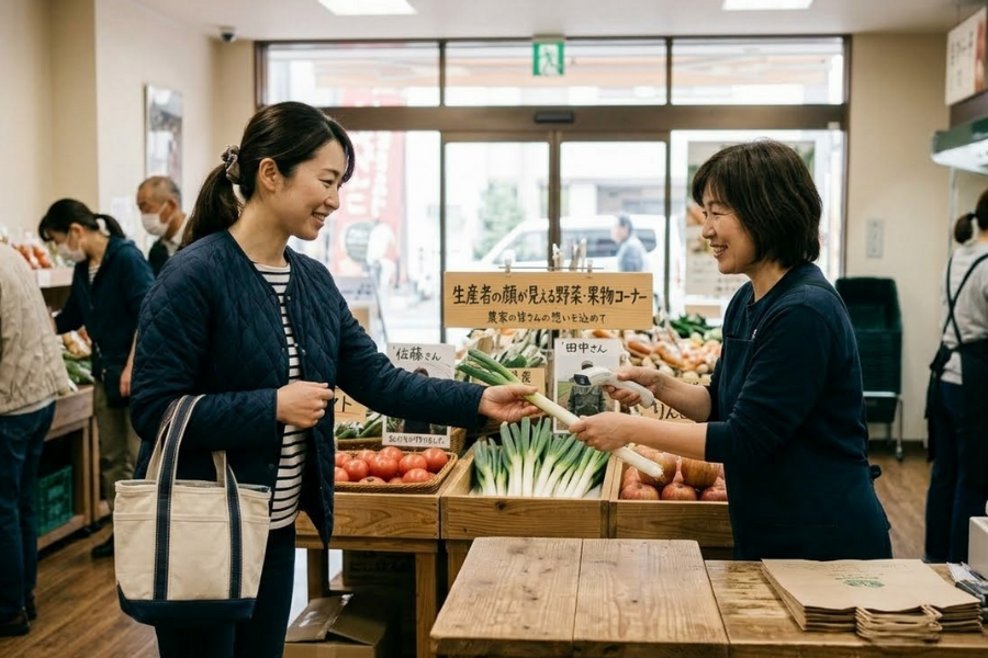 Amalan meletakkan wajah petani pada produk buah-buahan dan sayuran ditanam dikenali sebagai 'kao no mieru yasai'. 