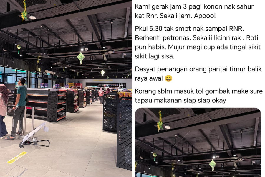 Seorang pengguna di Threads berkongsi keadaan rak makanan dalam sebuah kedai serbaneka di stesen minyak berhampiran lebuh raya Pantai Timur.