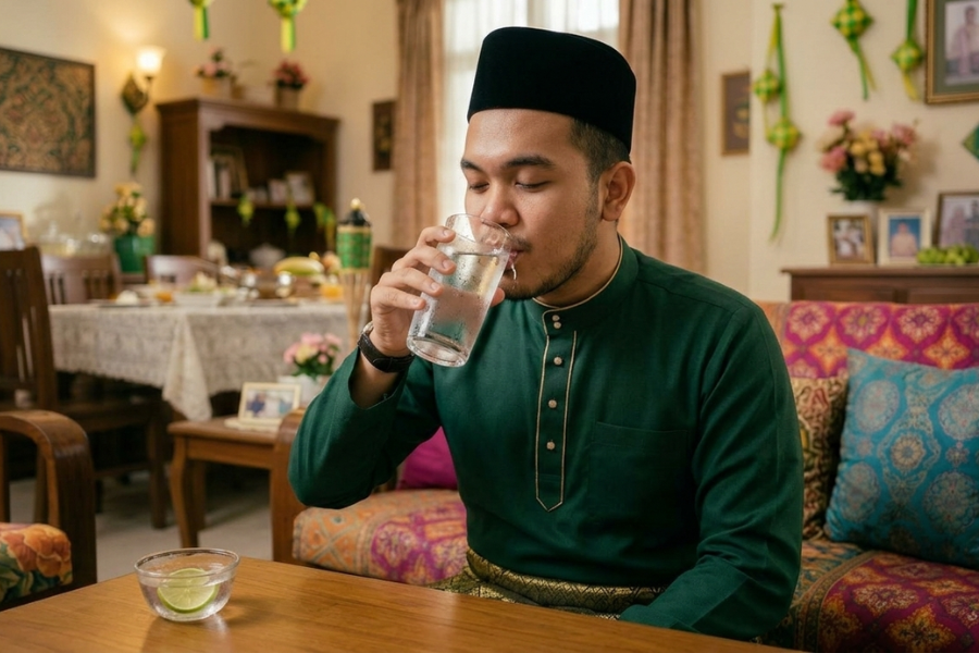 Minum air kosong atau air suamkerana ia membantu mencernakan makanan.