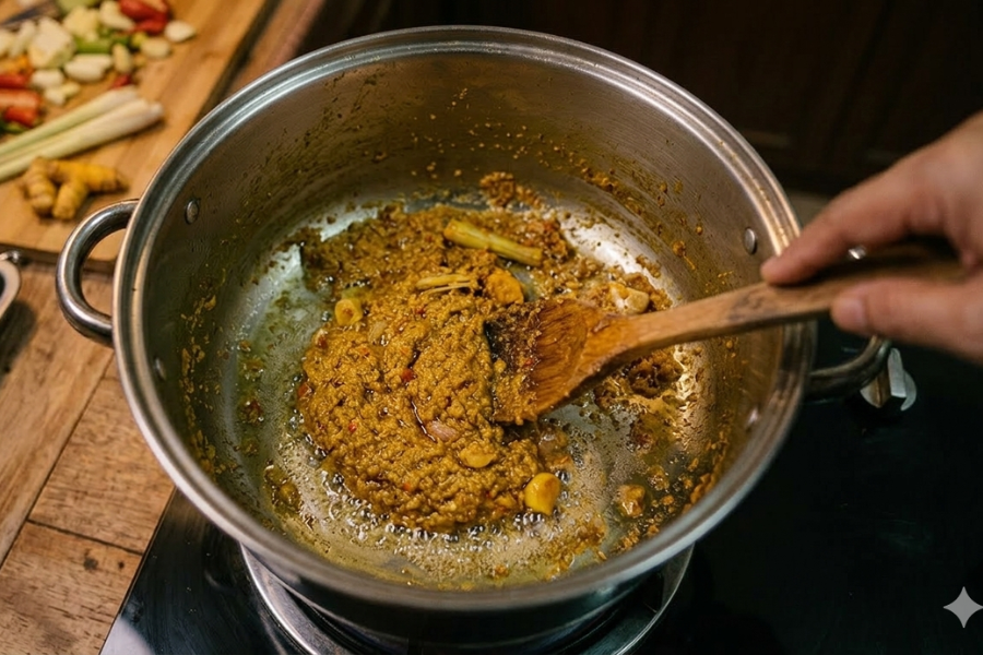 Menumis bahan kisar dengan sedikit minyak sehingga garing (pecah minyak) akan membuatkan kuah lodeh lebih tahan lama.