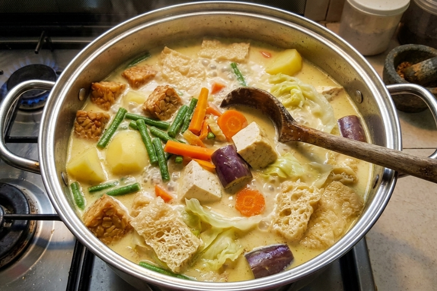 Biarkan kuah lodeh yang mendidih direneh seketika sebelum dimasukkan semua sayuran lain.