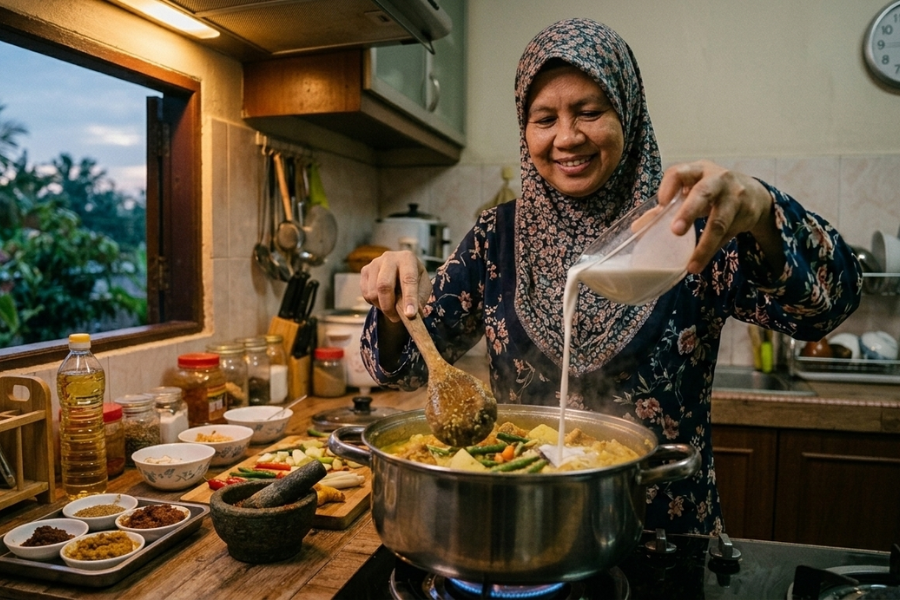 Setiap kali tetamu datang, didihkan semula bahan stok kisar bersama sedikit santan yang sudah diasingkan dalam periuk berasingan.
