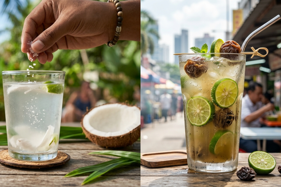 Minum air kelapa dicampur sedikit garam atau air asam boi jika terkena serangan strok haba.