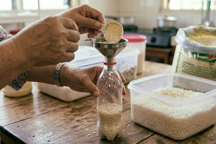 Beras perlu diisi dengan mampat tanpa ruang udara di dalam bekas botol minuman untuk tahan lebih lama sehingga bertahun-tahun.