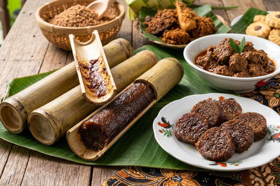 Lemang kelamai memiliki tekstur seakan dodol namun dibakar di dalam buluh seperti lemang.