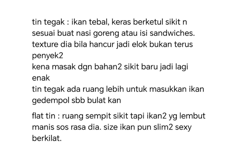 Penerangan seorang netizen tentang beza kualiti ikan antara tin sardin menegak dan melintang.