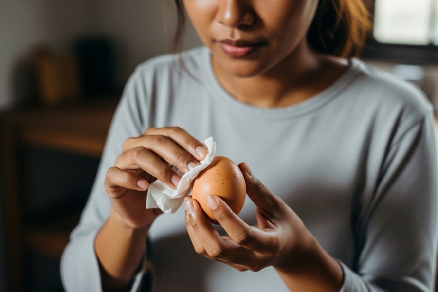 Cukup sekadar mengelap telur ayam dengan tisu atau kain bersih sebelum disimpan.