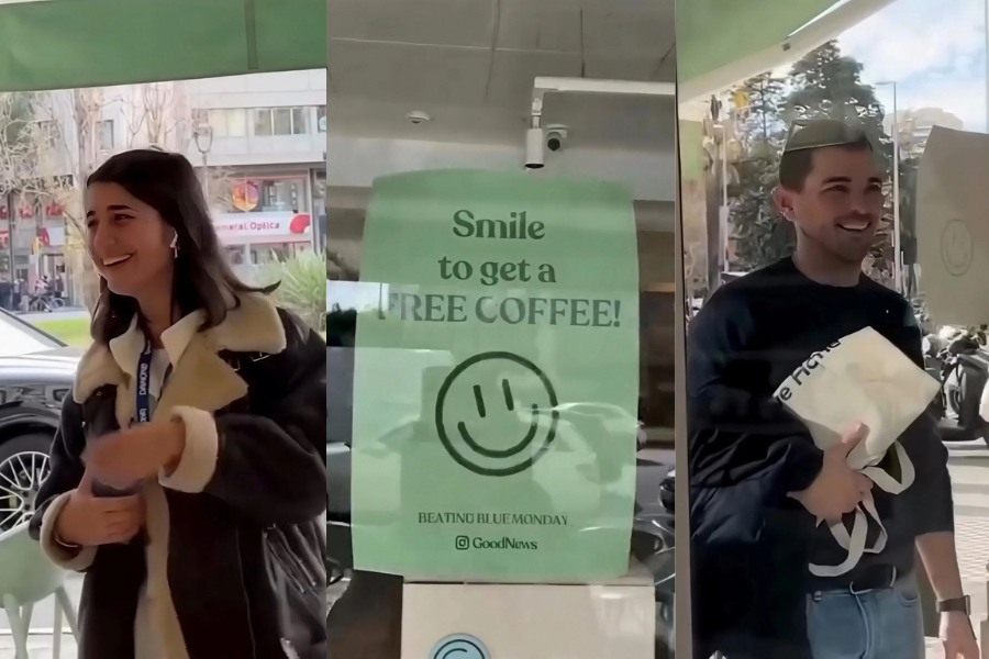 Pelanggan yang senyum bukan sahaja dibenarkan masuk, tetapi juga diberikan kopi secara percuma.