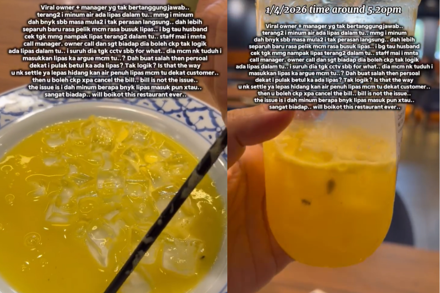 Video yang dikongsi memaparkan beberapa ekor lipas kecil dalam minuman.