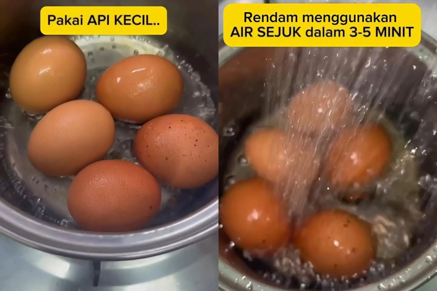 Telur akan direndam dalam air sejuk selama lima minit selepas direbus selama tujuh minit.